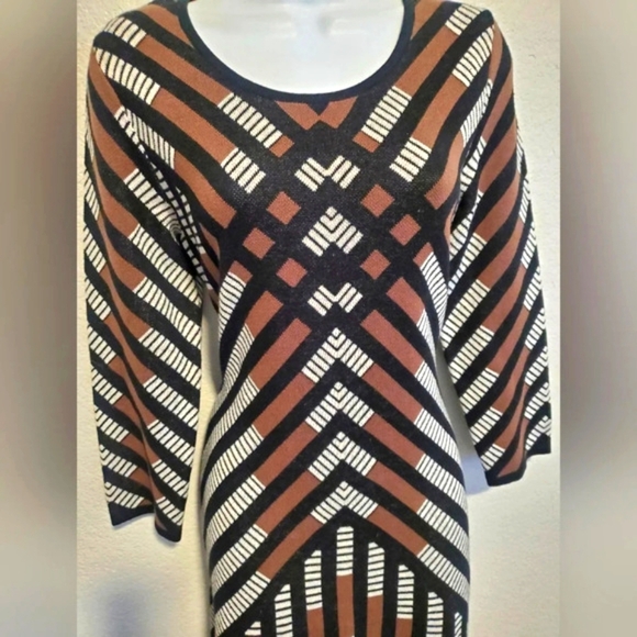 Nine West Long Sleeve Aztec Stretch Knit Sheath Woven Cotton Sweater Dress - Picture 4 of 8